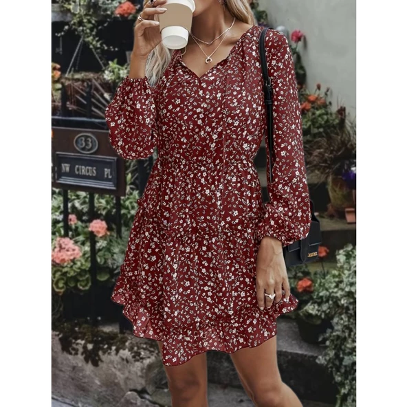 Lucky Life Kadın Uzun Kollu V Yaka Bağcıklı Belden Gipeli çiçek Baskılı Kısa Süprem Elbise ürün görseli 1