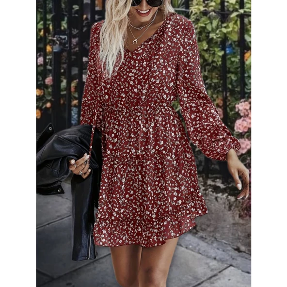 Lucky Life Kadın Uzun Kollu V Yaka Bağcıklı Belden Gipeli çiçek Baskılı Kısa Süprem Elbise - Resim 2