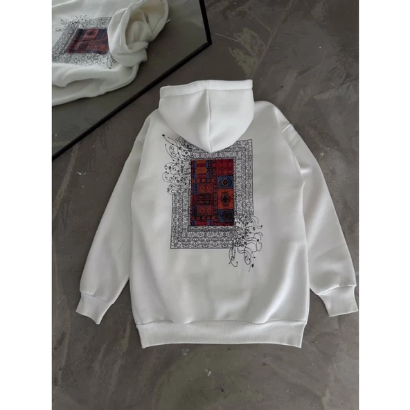 Uzun Kol Kapşonlu Ön Ve Arka Baskılı SweatShirt - Beyaz - 4