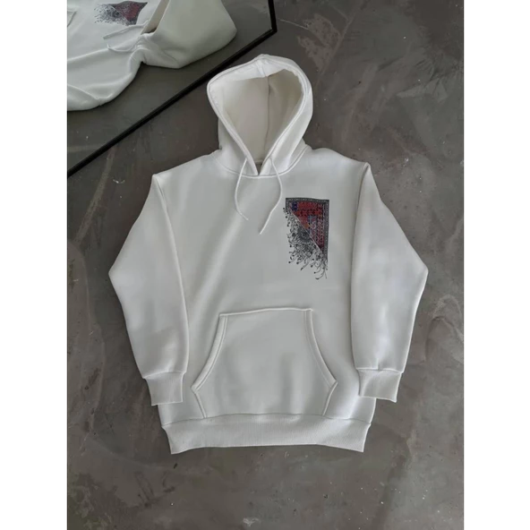 Uzun Kol Kapşonlu Ön Ve Arka Baskılı SweatShirt - Beyaz - 3