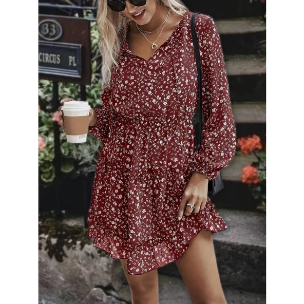 Lucky Life Kadın Uzun Kollu V Yaka Bağcıklı Belden Gipeli çiçek Baskılı Kısa Süprem Elbise - Resim 4