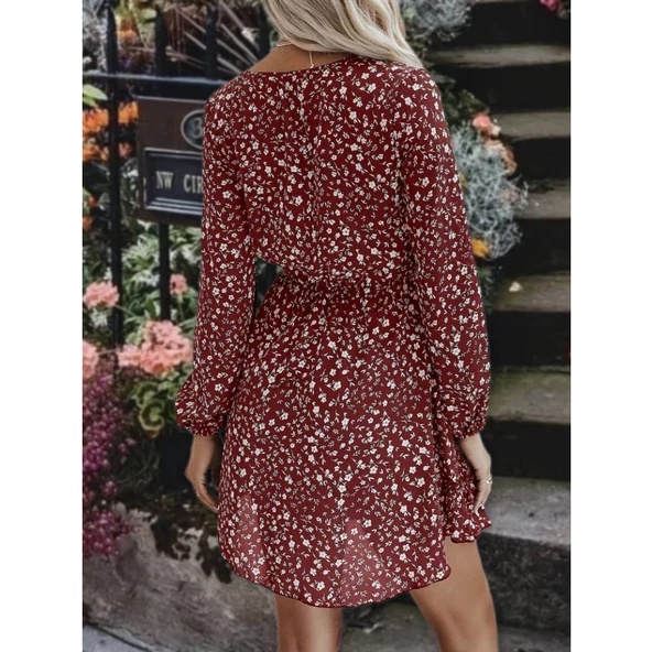 Lucky Life Kadın Uzun Kollu V Yaka Bağcıklı Belden Gipeli çiçek Baskılı Kısa Süprem Elbise - Resim 3