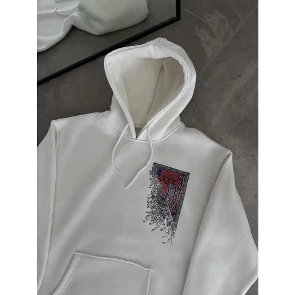 Uzun Kol Kapşonlu Ön Ve Arka Baskılı SweatShirt - Beyaz - 2