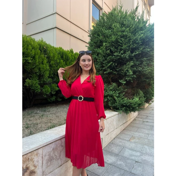 Lucky Life Kadın şifon Kumaş Astalı Kloş Kesim Kruvaze Yaka Midi Boy Elbise - 3