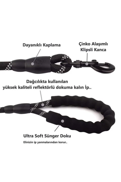 Köpekler İçin Gezdirme Tasması Reflektörlü 130 cm Halat Orta ve Büyük Boy Köpekler İçin Siyah - 2