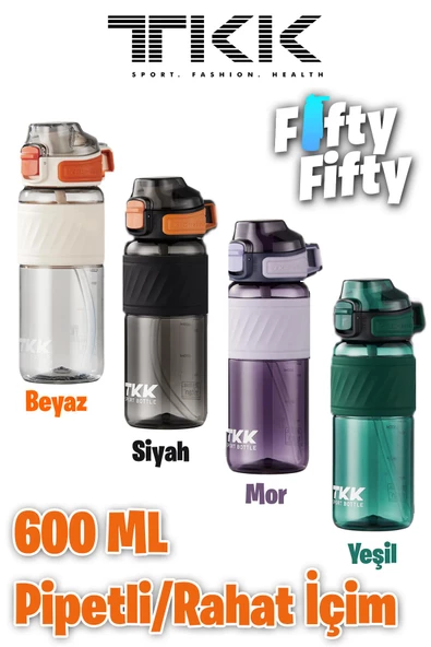 TKK 600 ML Çift Kullanım Pipetli/Rahat içim Bpa İçermeyen Taşıma Kulplu Tritan Su Matarası FFTKK1025-600ML - 5