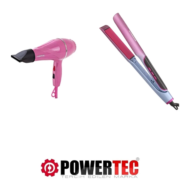 Powertec TR-501 Profesyonel Pembe Renkli Fön + TR-2830 IonTech Saç Düzleştirici