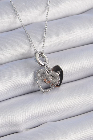 316L Çelik Gümüş Renk Zirkon Taşlı Sonsuzluk Kalp Figür Charm Model Kadın Kolye - TJ-BKO9309 - 1