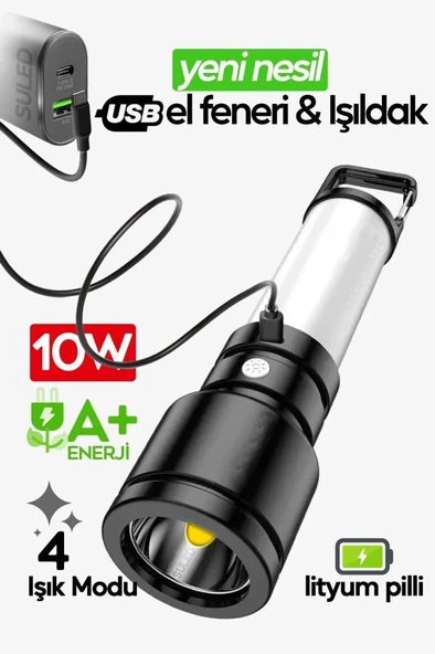 USB Şarjlı El Feneri ve Kamp Lambası 4 Modlu 10W A+ Led Işık Outdoor Askı Gs-860