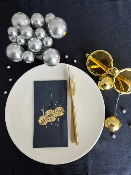 Gold Yaldızlı Siyah Disco Topu Peçete 16 Adet