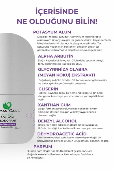 Human Care Doğal Roll On Deodorant Hasnamoya Beyazlatıcı Etki 50 Ml - Resim 5