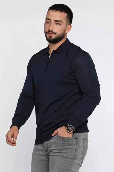 Slim Fit Erkek Polo Yaka Fermuarlı Triko Kazak-7030 - 2