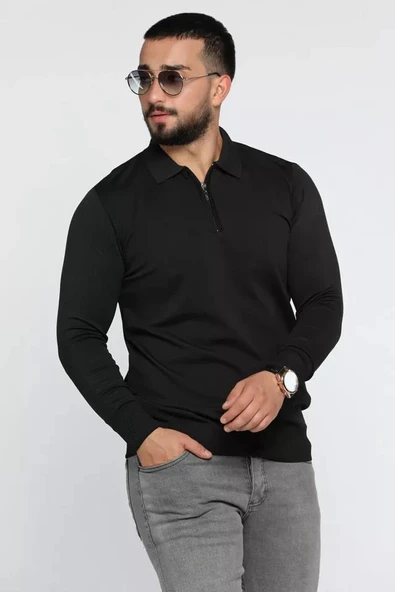 Slim Fit Erkek Polo Yaka Fermuarlı Triko Kazak 7032