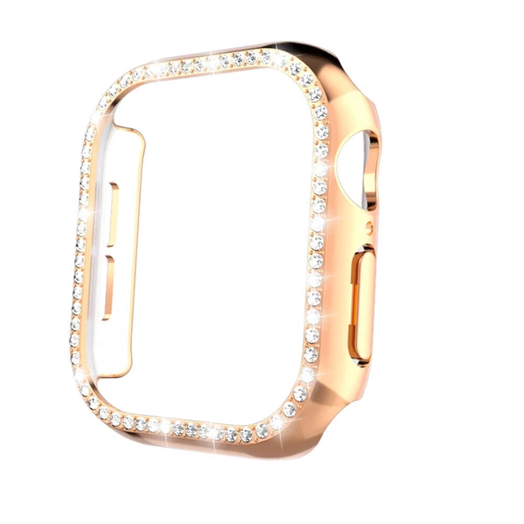 KNY Apple Watch 10. Nesil 42 MM İçin Renkli Taşlı Kasa Koruyucu Gard Kapak Rose Gold