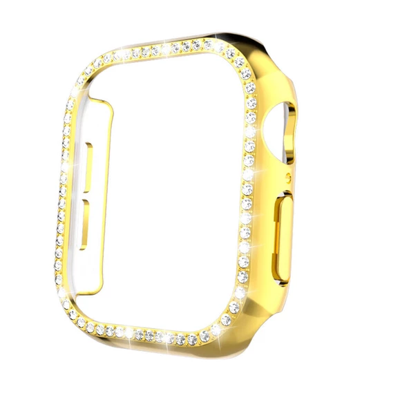 KNY Apple Watch 10. Nesil 46 MM İçin Renkli Taşlı Kasa Koruyucu Gard Kapak Gold