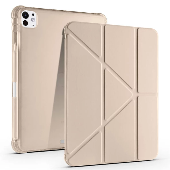 KNY Apple İpad Pro 11 2024 Kılıf Kalem Koymalı Standlı Renkli Arkası Silikon Suni Deri Trifolding Kılıf Gold