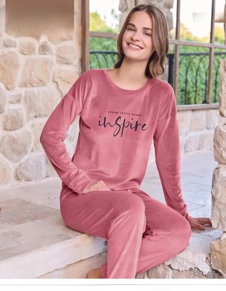 Pijamoni Kadın Kışlık Bisiklet Yaka Likralı Kadife Pijama Takımı 4200/10 - 1 Adet  XL Gül Kurusu