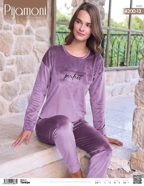 Pijamoni Kadın Kışlık Bisiklet Yaka Likralı Soft Kadife Pijama Takımı 4200/13 - 1 Adet  2XL Lila - 2