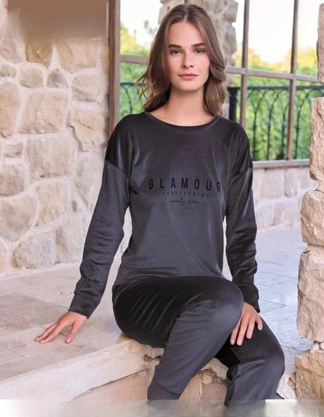 Pijamoni Kadın Kışlık Bisiklet Yaka Likralı Soft Kadife Pijama Takımı 4200/12 - 1 Adet  L Antrasit