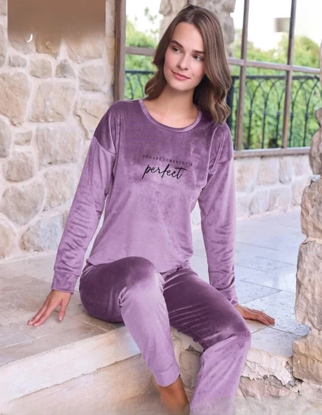 Pijamoni Kadın Kışlık Bisiklet Yaka Likralı Soft Kadife Pijama Takımı 4200/13 - 1 Adet  2XL Lila