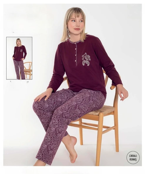 Senfoni Kadın Düğmeli Yaka Uzun Kol Pamuk Likralı Pijama Takımı 6049 -1 Adet  XL Bordo