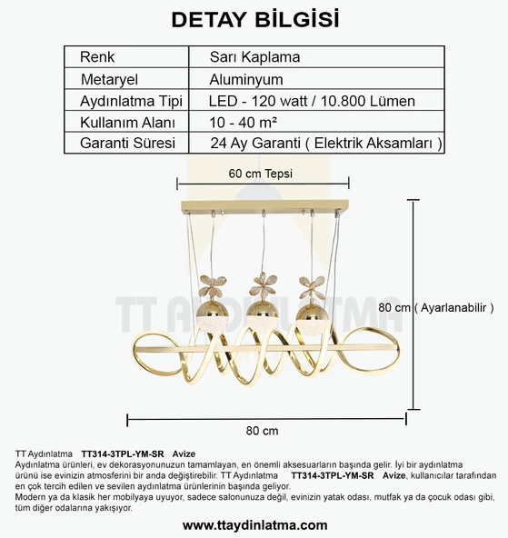 TT Aydınlatma TT314-3TPL-YM-SR  Büyük Sarmal Modeli Yemek Masası Sarı Kaplama Led Avize - Resim 4