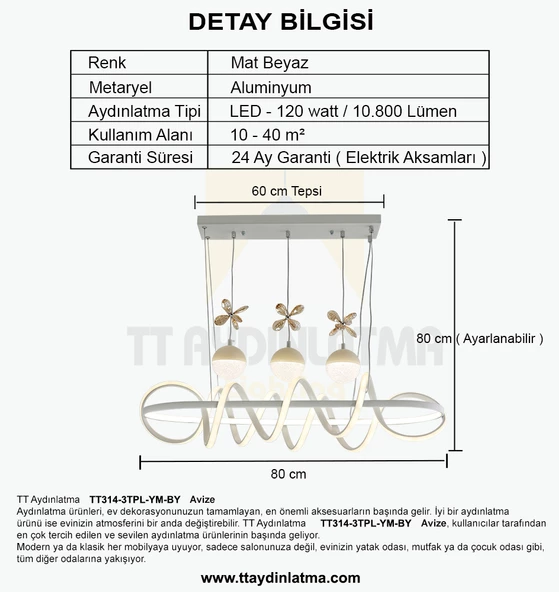 TT Aydınlatma TT314-3TPL-YM-BY  Büyük Sarmal Modeli Yemek Masası Mat Beyaz Led Avize - Resim 4