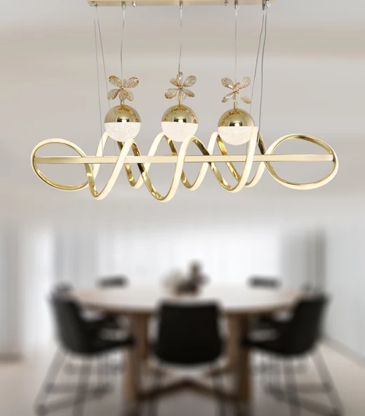 TT Aydınlatma TT314-3TPL-YM-SR  Büyük Sarmal Modeli Yemek Masası Sarı Kaplama Led Avize - Resim 3