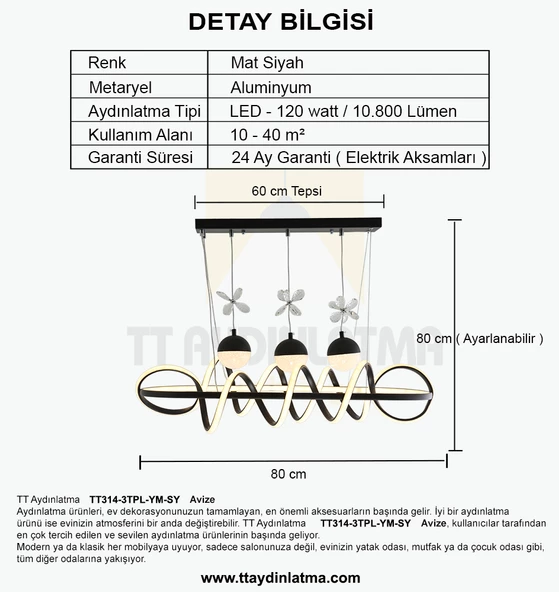 TT Aydınlatma TT314-3TPL-YM-SY  Büyük Sarmal Modeli Yemek Masası Mat Siyah Led Avize - 4
