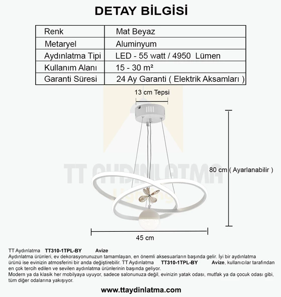 TT Aydınlatma TT310-1TPL-BY  Trio Modeli Mat Beyaz Tek Toplu 3 Renk Modüllü Ledli Avize - Resim 4