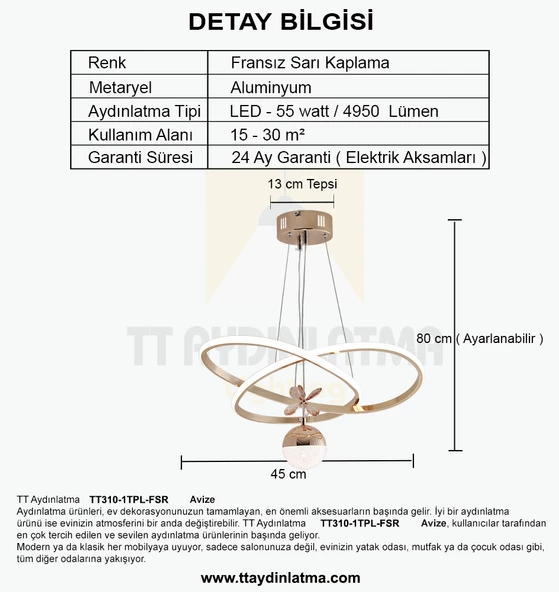 TT Aydınlatma TT310-1TPL-FSR  Trio Modeli Fransız Sarı Kaplama Tek Toplu 3 Renk Modüllü Ledli Avize - Resim 4