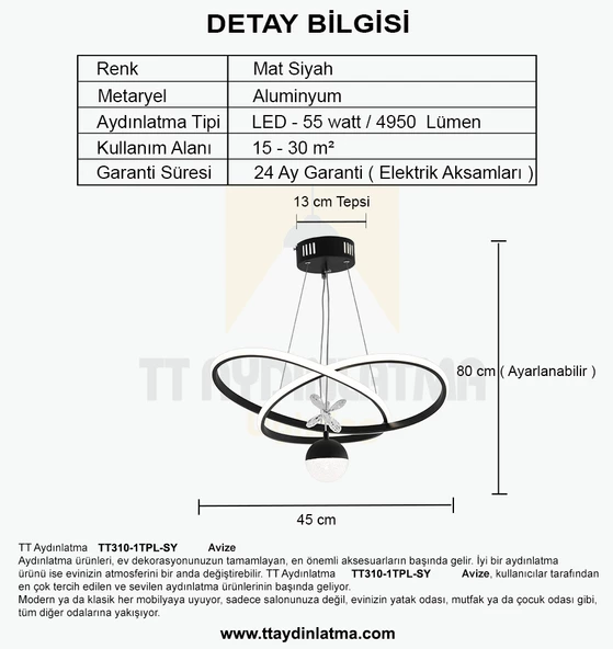 TT Aydınlatma TT310-1TPL-SY  Trio Modeli Mat Siyah Tek Toplu 3 Renk Modüllü Ledli Avize - 4