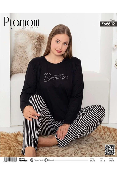 Pijamoni Kadın Milan Büyük Beden Bisiklet Yaka Uzun Kol İnce Pijama Takımı 7666/12- 1 Adet  4XL Siyah - Resim 2