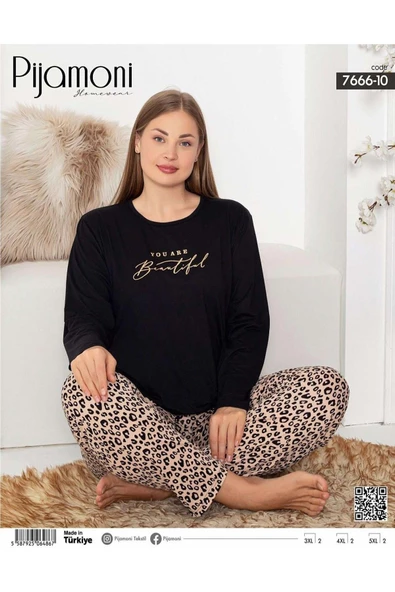 Pijamoni Kadın Milan Büyük Beden Bisiklet Yaka Uzun Kol İnce Pijama Takımı 7666/10- 1 Adet  4XL Siyah - 2