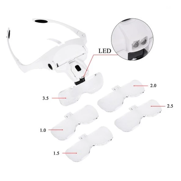 5 Lens 1.0X-3.5X 2Led Işıklı İle Ayarlanabilir Gözlük Büyüteç 9892B2 - 4