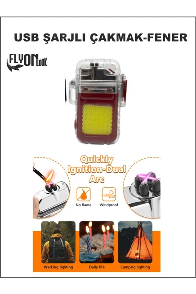 Usb Şarjli Fener- Elektronik Çakmak Fonksiyonlu Kamp  Taşima Askili Çakmaklik Seyehat Kilitli