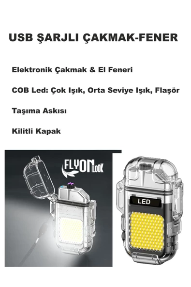 USB ŞARJLI FENER- ELEKTRONİK ÇAKMAK FONKSİYONLU KAMP  TAŞIMA ASKILI ÇAKMAKLIK SEYEHAT KİLİTLİ KAPAK