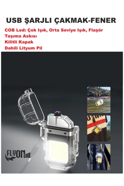 USB ŞARJLI FENER- ELEKTRONİK ÇAKMAK FONKSİYONLU KAMP  TAŞIMA ASKILI ÇAKMAKLIK SEYEHAT KİLİTLİ KAPAK - 2