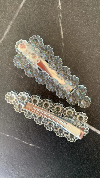 Şeffaf Simli Ortası Boş Çiçekli Şekil Gümüş Pens Kıskaçlı Epoksi 2'li Saç Tokası El Yapımı Hediyelik - 8