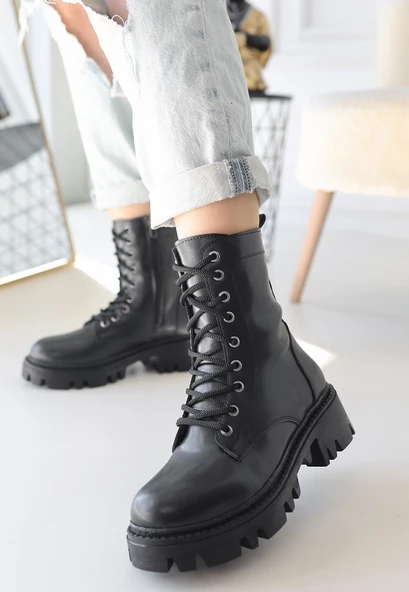 Flona Siyah Cilt Bağcıklı Bot - 2