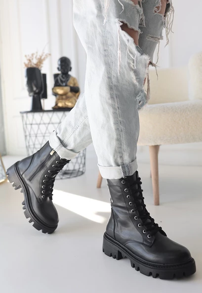 Flona Siyah Cilt Bağcıklı Bot - 3