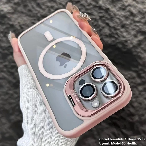iPhone 15 Uyumlu Kılıf Klon Stantlı + Lens Korumalı MagSafe Kapak - Resim 5