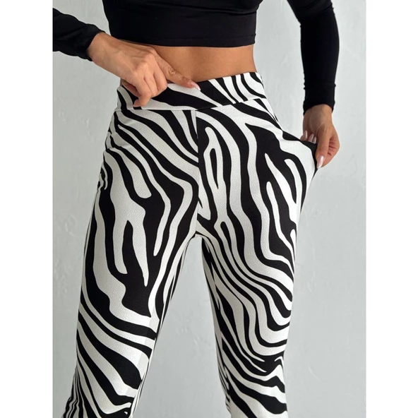 Lucky Life Lucky Life Kadın örme Krep Kumaş Zebra Desenli Pantolon