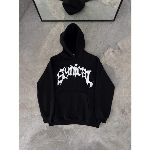 Üç İplik Kapşonlu Baskılı Oversize SweatShirt- Siyah - 2