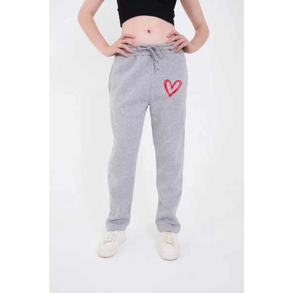 Lucky Life Kadın Oversize Boru Paça Baskılı Eşofman Pantolon - Gri - 2