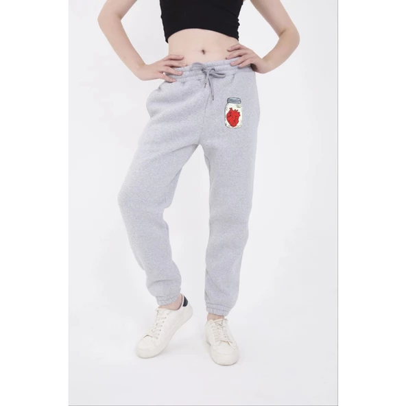 Lucky Life Kadın Üç İplik Lastikli Baskılı Eşofman Pantolon - Gri - 2