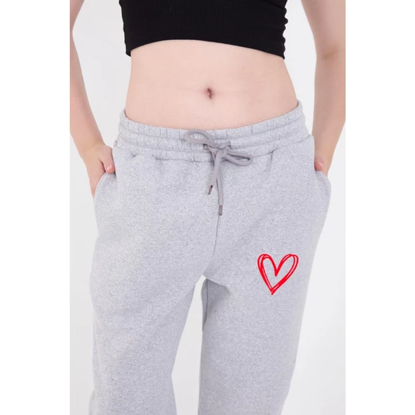 Lucky Life Kadın Oversize Boru Paça Baskılı Eşofman Pantolon - Gri - 4