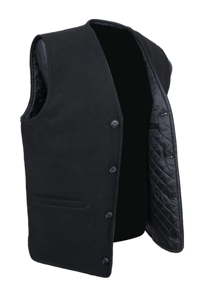 V Yaka Kaşe Kumaş Düğmeli Erkek Yelek Siyah Renk - 7