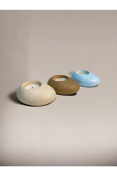 Three Drops Minimal Dekoratif Beton Tealight Mumluk 3'lü Set [ Alaçatı-Vizon-Baby Blue ] - 3