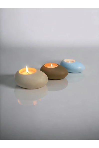 Three Drops Minimal Dekoratif Beton Tealight Mumluk 3'lü Set [ Alaçatı-Vizon-Baby Blue ] - 2